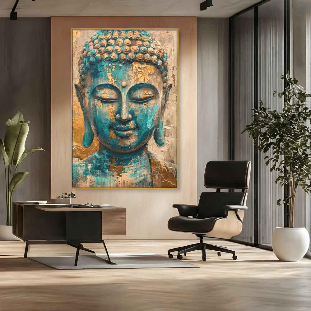 Tablou canvas cu tablou canvas cu capul lui buddha, in rama de aluminiu auriu, pe perete intr-un birou